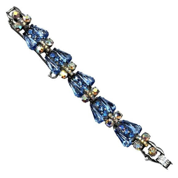 Juliana Pentagon Rhinestone Bracelet Blue Aurora Borealis Vintage Jewelry - Picture 2 of 6